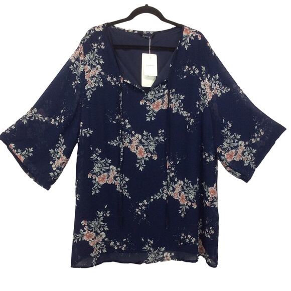 Bloomchic Tunic Women's Plus Size 26 Blue/Pink Floral Boho Sheer Lined Tie Neck - Picture 8 of 11